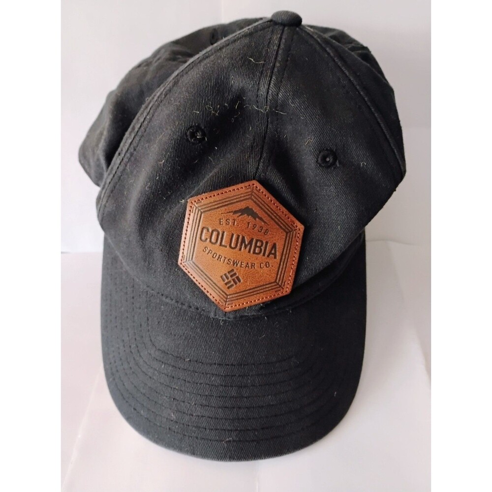 Columbia Black Flexfit Hat Mens L/XL Leather Patch Graphic Cap Cotton Blend